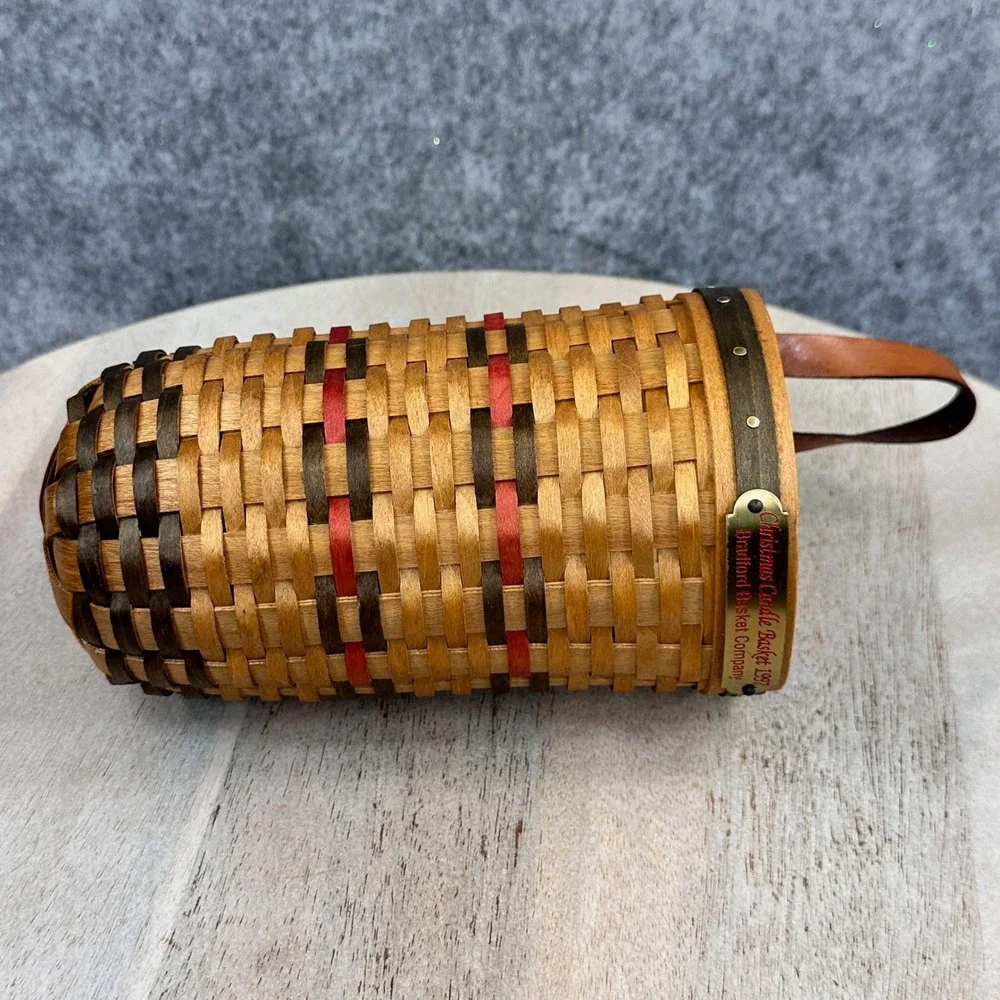 Bradford Basket Company 1997 Christmas Candle Basket Woven Wood Leather Handle